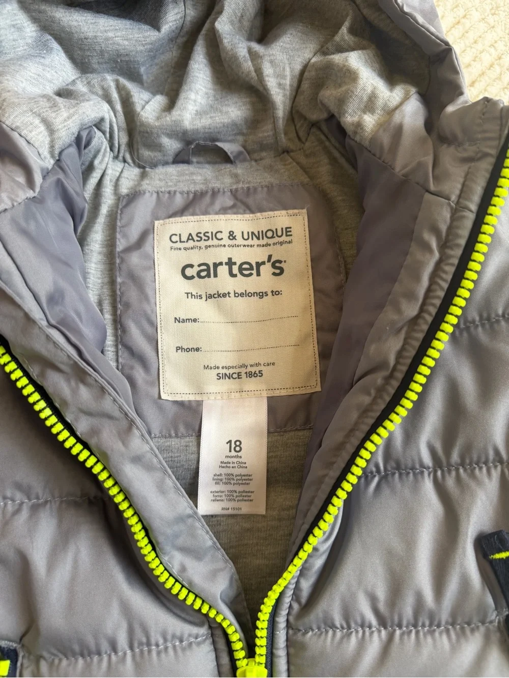 Carter's Gray Puffer Jacket with Neon Green Accents